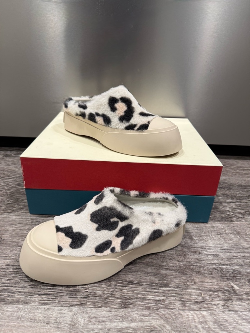 Marni White and Black Faux Fur Leopard-Print Slide Mules